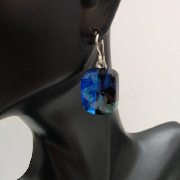 Hand Made Blue and Black Dangle Earrings With Dichroic Square Glass Beads - Picture 11 of 16